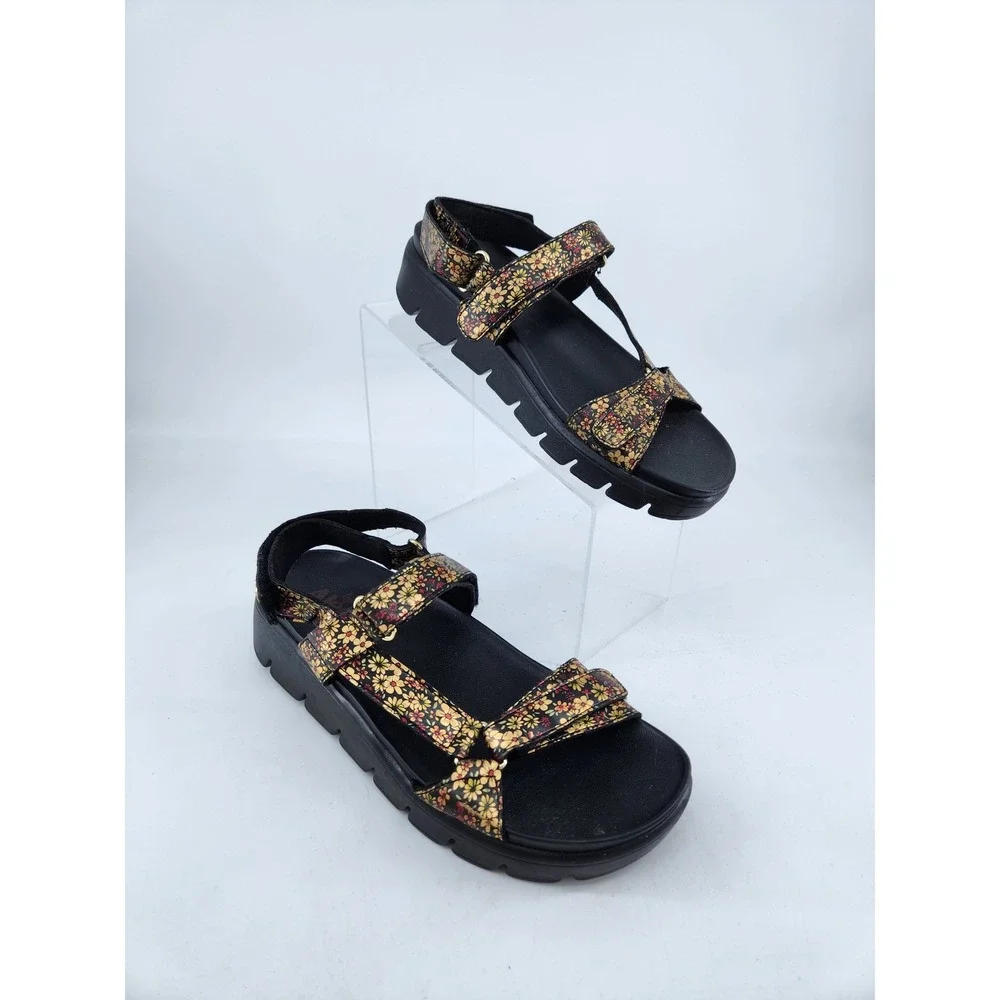 Alegria Henna‎ Platform Sandals Womens 38 Black Yellow Floral Strappy Hook Loop